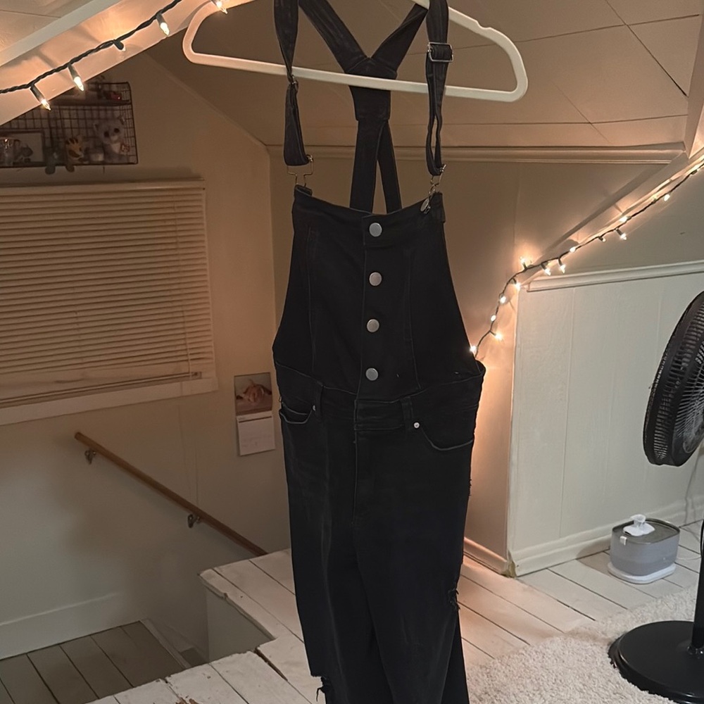 Black Denim Overalls with Button Detail